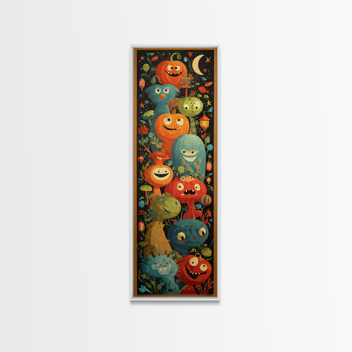 The Monster Hide-And-Seek Game, Screenprint Halloween Art, Tall Narrow Wall Art, Framed Canvas Print, Cute Halloween Wall Art