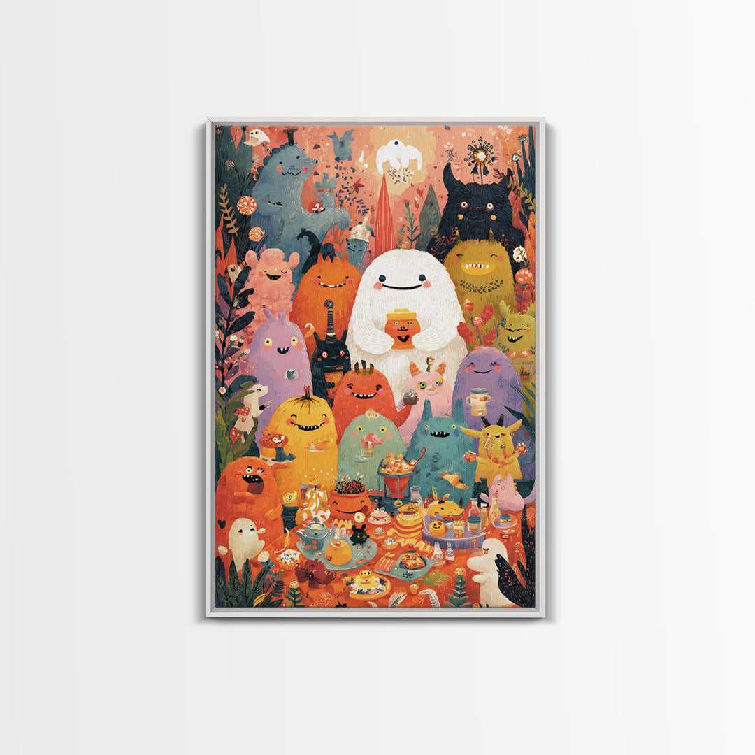 The Monster Friendship Picnic, Folk Halloween Art, Vertical Wall Art, Canvas Print, Cute Halloween Wall Art