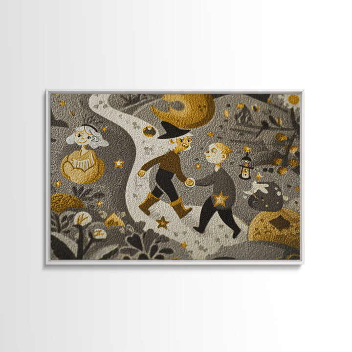 The Trick-Or-Treat Treasure Hunt, Linocut Halloween Art, Landscape Wall Art, Framed Canvas Print, Cute Halloween Wall Art