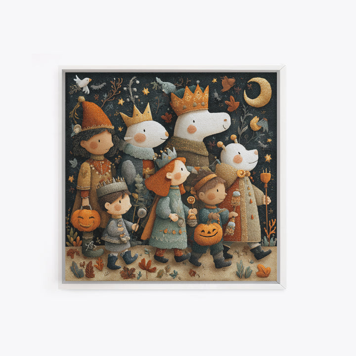 The Costume Parade, Embroidered Halloween Art, Square Wall Art, Canvas Print, Cute Halloween Wall Art