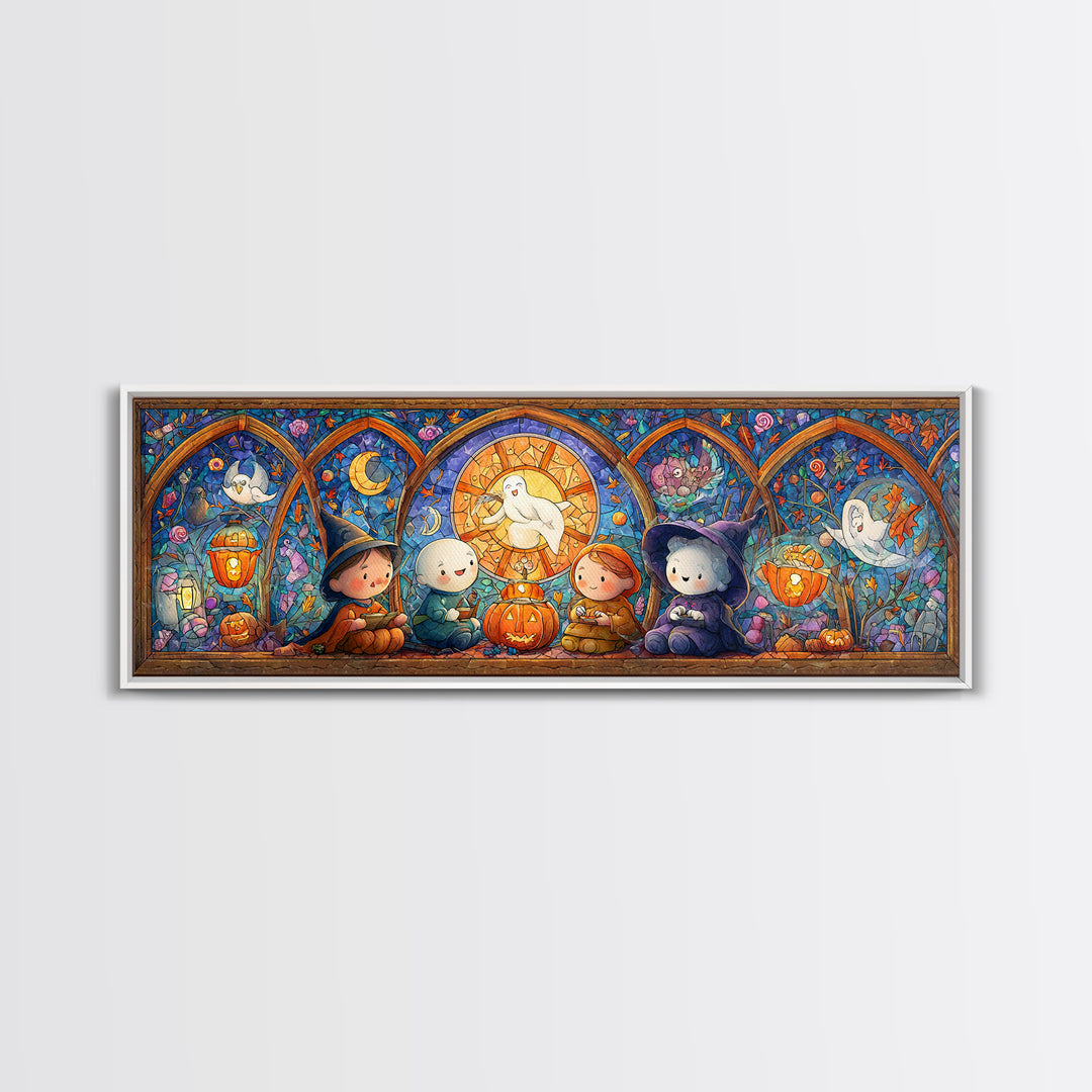 The Halloween Story Circle, Stained Glass Halloween, Extra Wide Wall Art, Canvas Print, Cute Halloween Wall Art