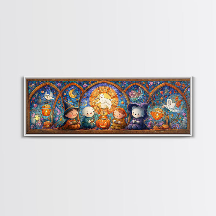 The Halloween Story Circle, Stained Glass Halloween, Extra Wide Wall Art, Canvas Print, Cute Halloween Wall Art