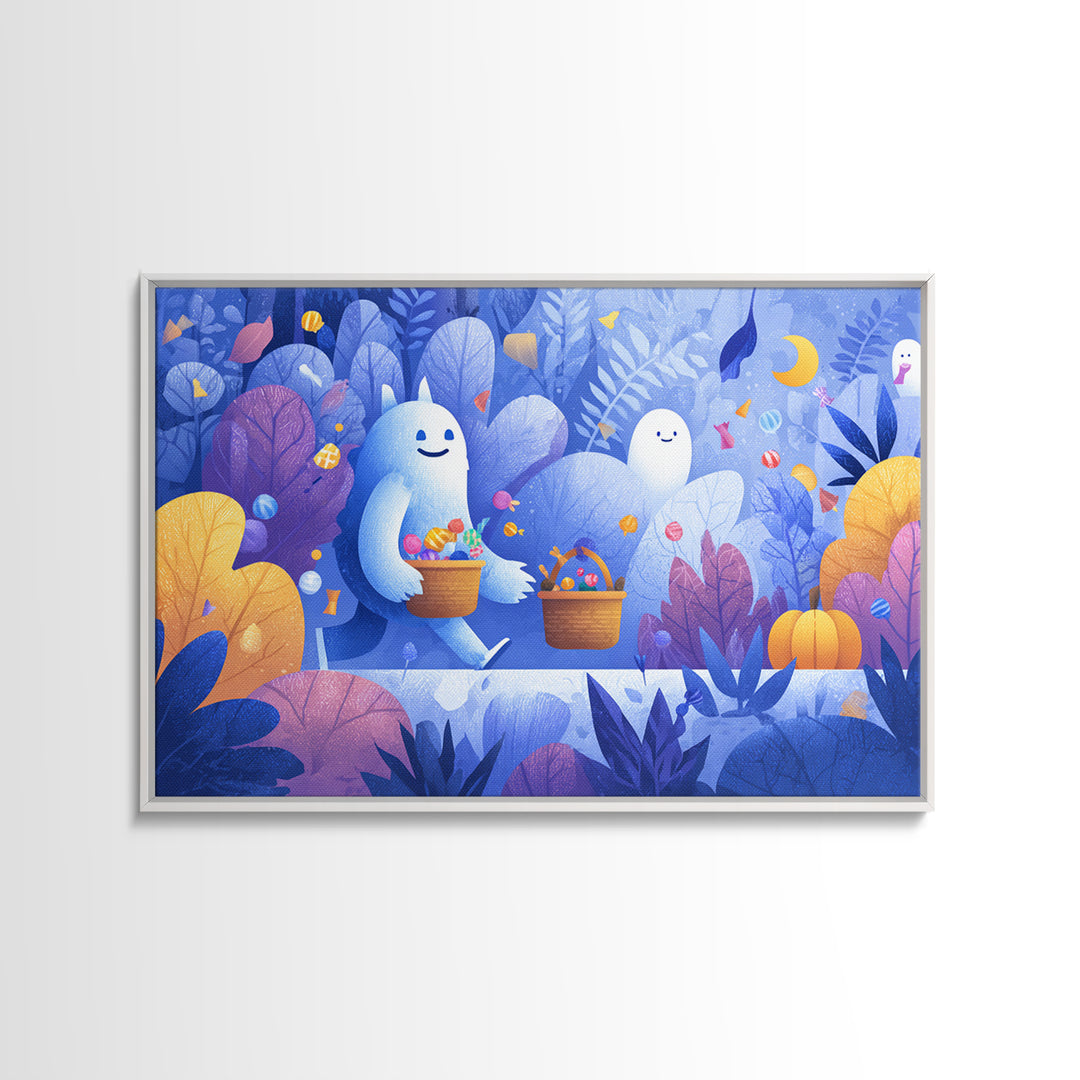 The Candy Bucket Relay Race, Vector Halloween Art, Landscape Wall Art, Framed Canvas Print, Cute Halloween Wall Art