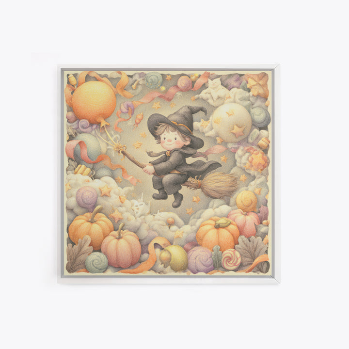 The Broomstick Obstacle Course, Hand Sketch Halloween Art, Square Wall Art, Canvas Print, Cute Halloween Wall Art