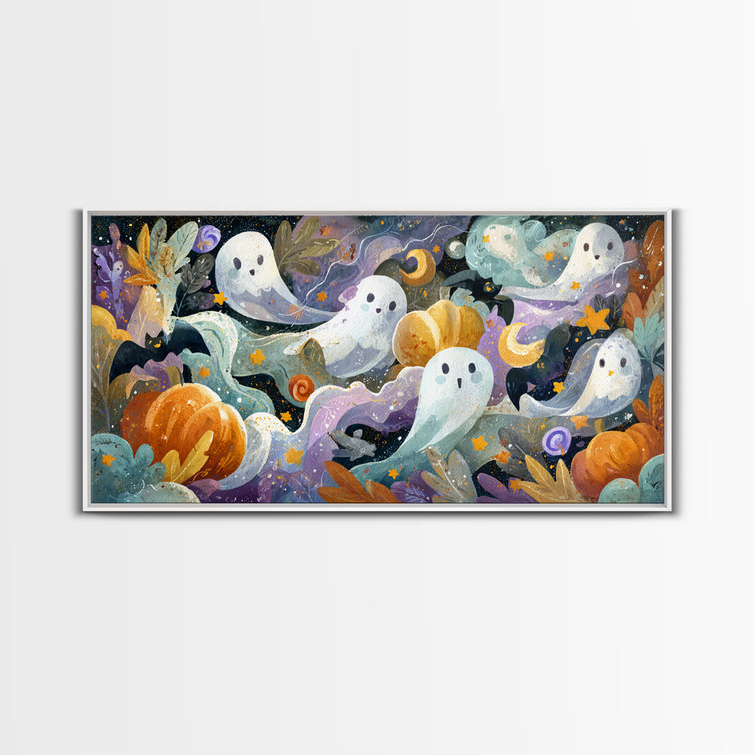The Halloween Craft Table, Watercolor Halloween Art, Wide Panoramic Art, Framed Canvas Print, Cute Halloween Wall Art