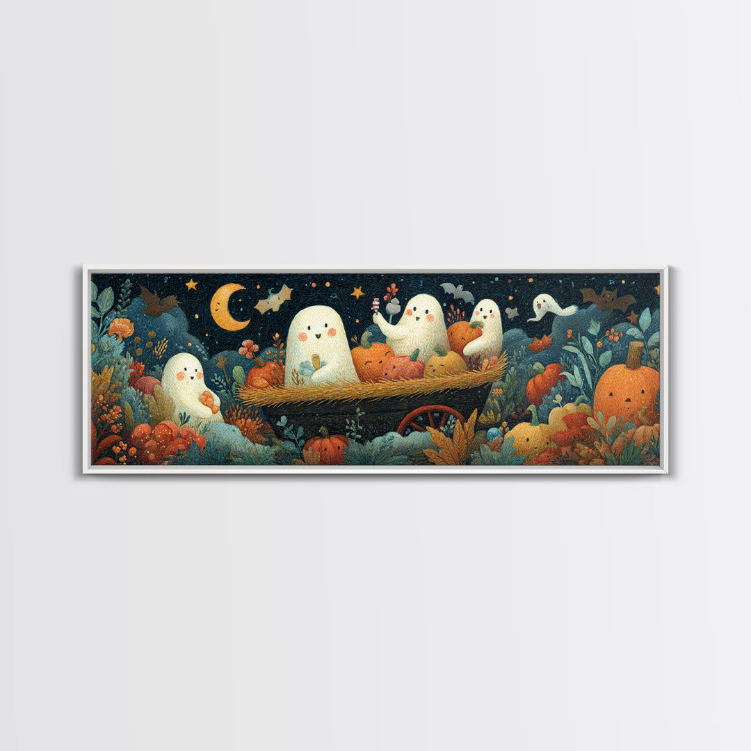 The Friendly Haunted Hayride, Gouache Halloween Art, Extra Wide Wall Art, Canvas Print, Cute Halloween Wall Art