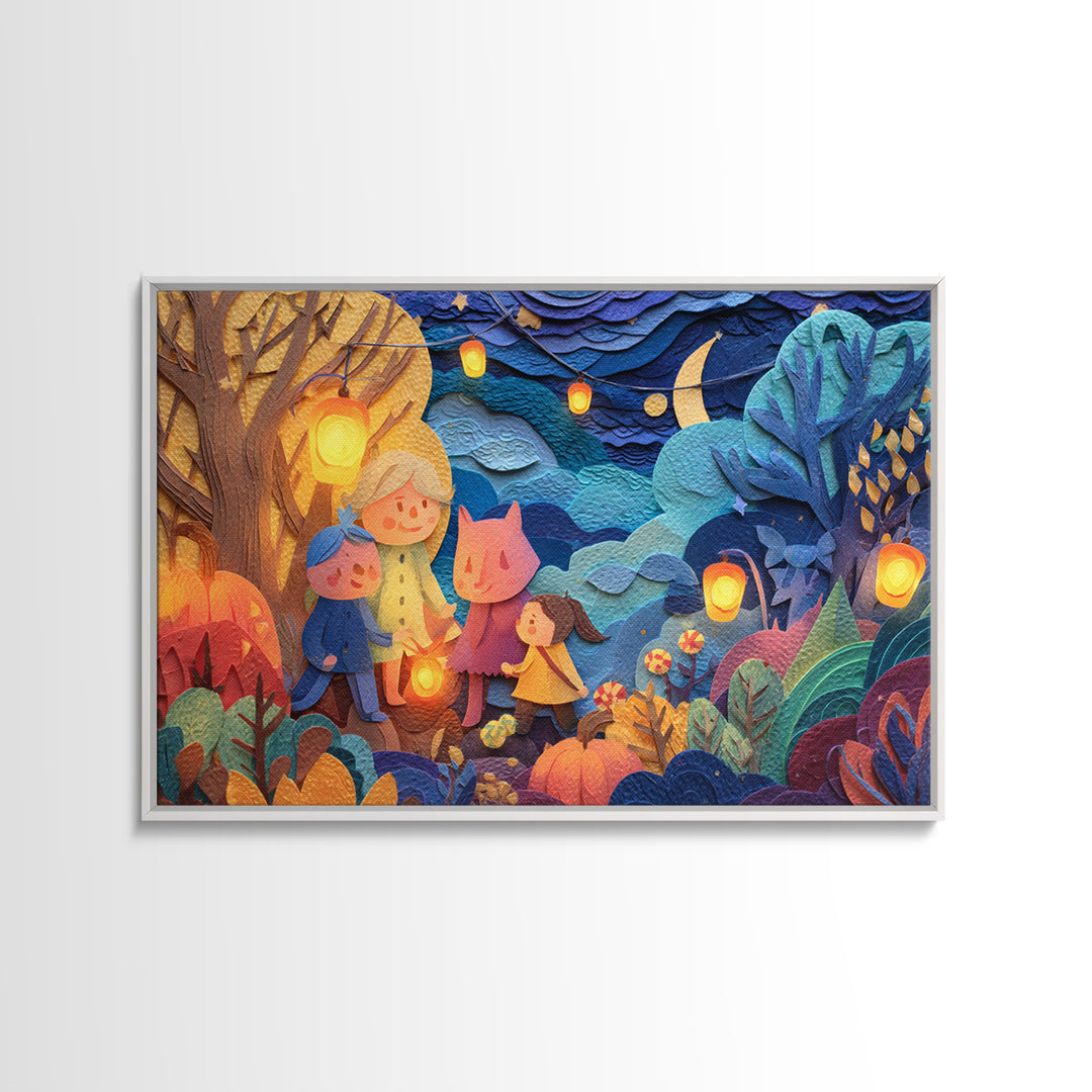 The Lantern-Making Festival, Paper Collage Halloween, Landscape Wall Art, Framed Canvas Print, Cute Halloween Wall Art