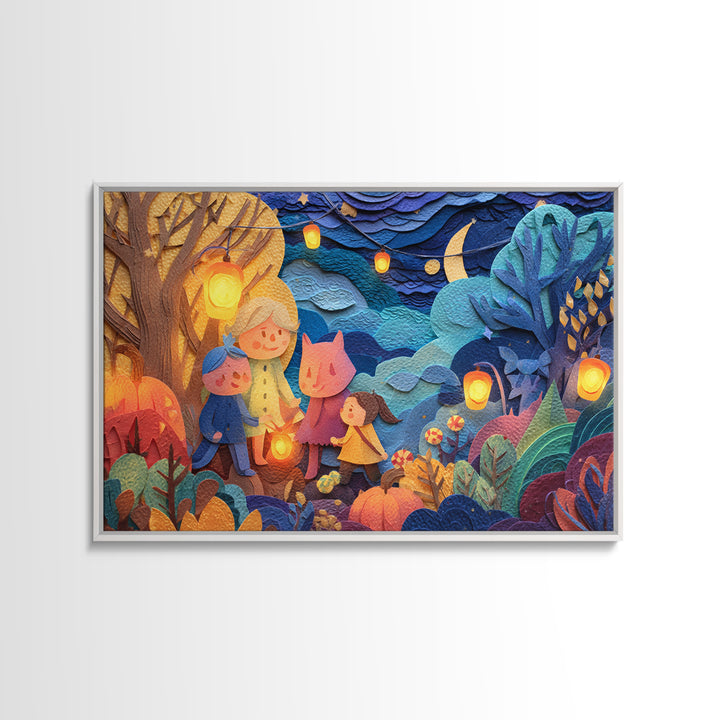 The Lantern-Making Festival, Paper Collage Halloween, Landscape Wall Art, Framed Canvas Print, Cute Halloween Wall Art