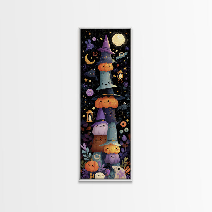 The Witch Hat Ring Toss, Kawaii Halloween Art, Tall Narrow Wall Art, Framed Canvas Print, Cute Halloween Wall Art