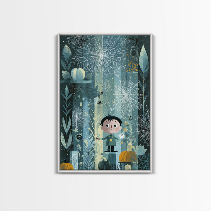 The Great Cobweb Knitting Contest, Retro Halloween Art, Vertical Wall Art, Canvas Print, Cute Halloween Wall Art