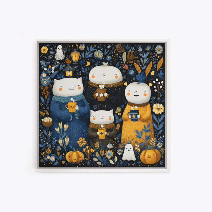 The Midnight Cocoa Party, Folk Halloween Art, Square Wall Art, Canvas Print, Cute Halloween Wall Art