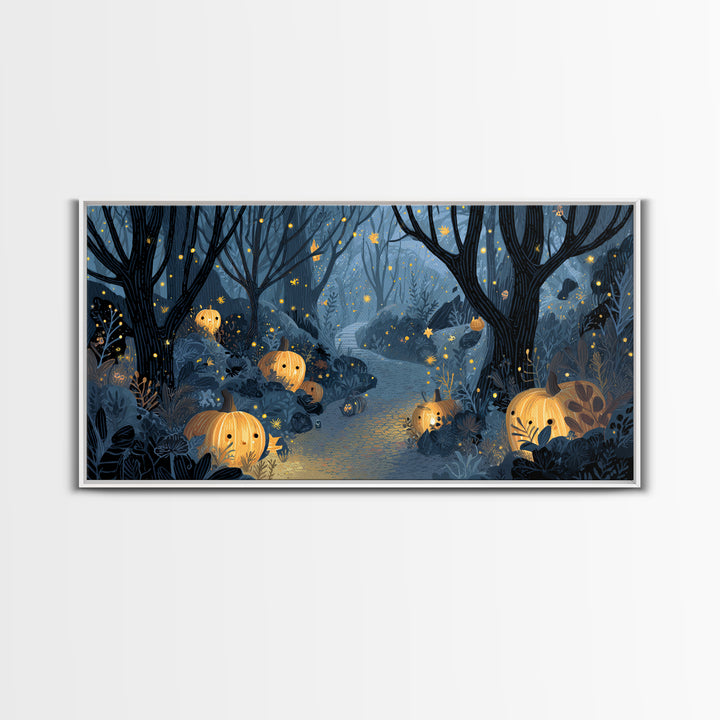 The Firefly Lantern Forest, Linocut Halloween Art, Wide Panoramic Art, Framed Canvas Print, Cute Halloween Wall Art