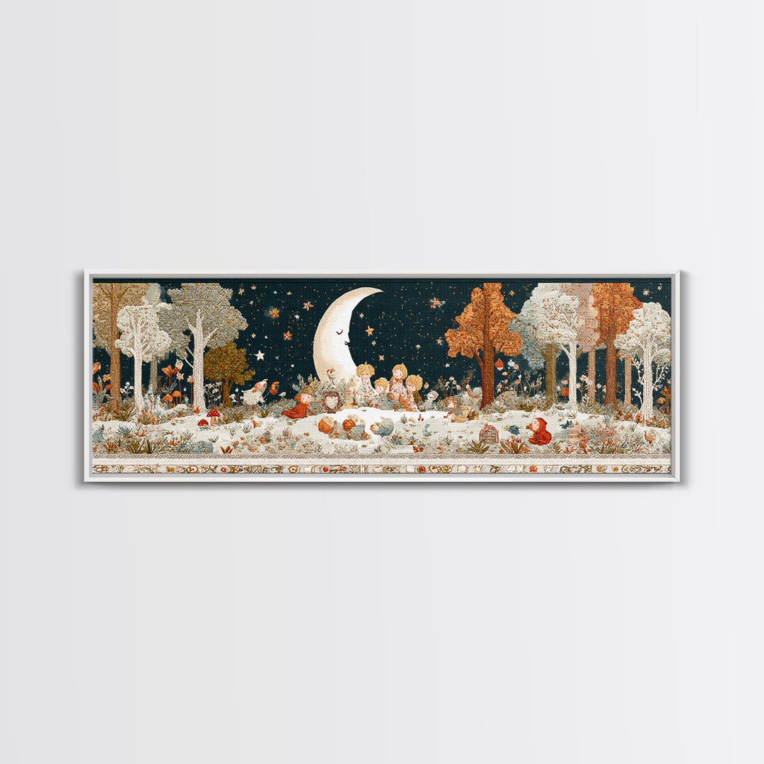 The Smiling Moon Meadow, Embroidered Halloween Art, Extra Wide Wall Art, Canvas Print, Cute Halloween Wall Art