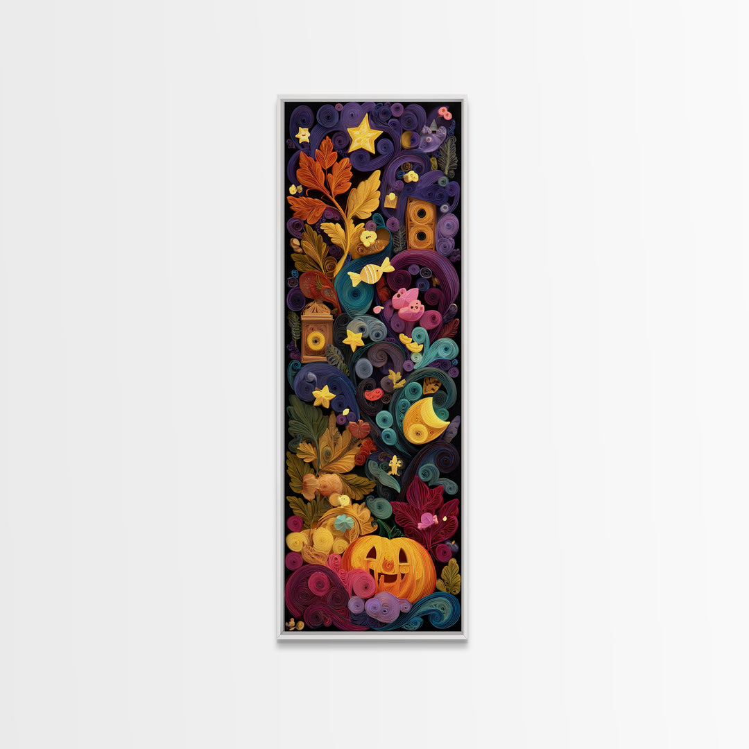 The Dancing Autumn Leaves, Quilled Halloween Art, Tall Narrow Wall Art, Framed Canvas Print, Cute Halloween Wall Art