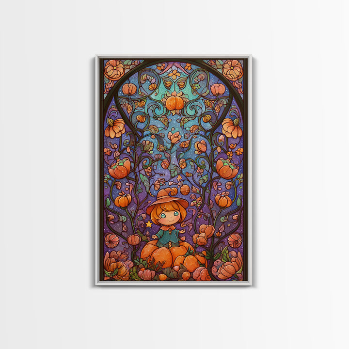 The Pumpkin Flower Garden, Stained Glass Halloween, Vertical Wall Art, Canvas Print, Cute Halloween Wall Art