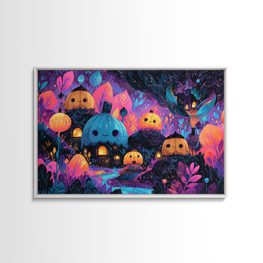 The Moonlit Acorn Village, Vaporwave Halloween Art, Landscape Wall Art, Framed Canvas Print, Cute Halloween Wall Art