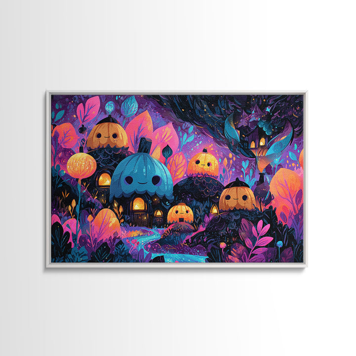 The Moonlit Acorn Village, Vaporwave Halloween Art, Landscape Wall Art, Framed Canvas Print, Cute Halloween Wall Art