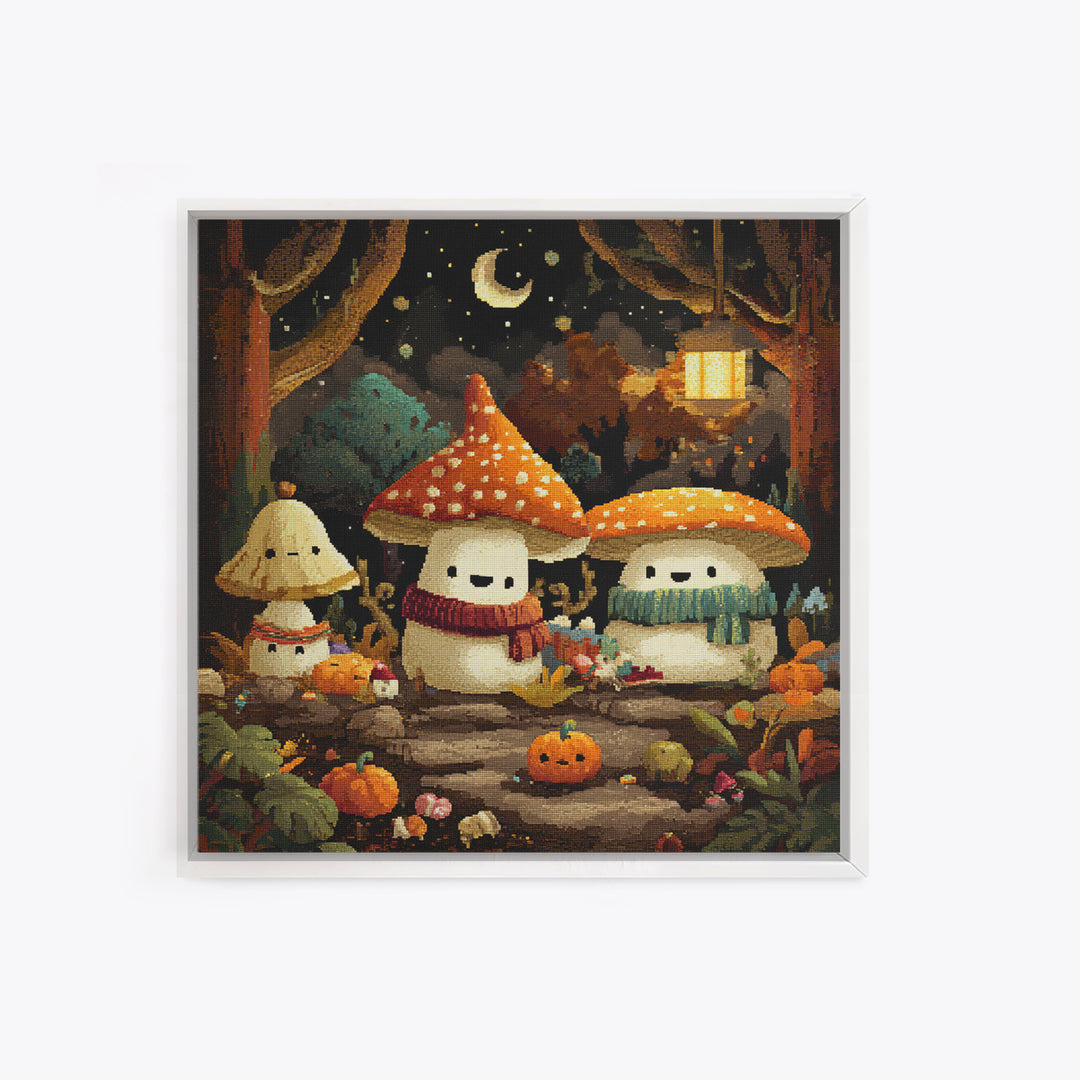 The Friendly Mushroom Forest, Pixel Halloween Art, Square Wall Art, Canvas Print, Cute Halloween Wall Art