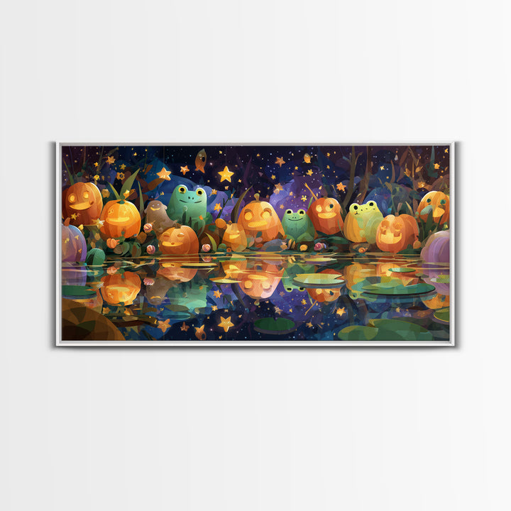 The Star-Filled Pumpkin Pond, Vector Halloween Art, Wide Panoramic Art, Framed Canvas Print, Cute Halloween Wall Art
