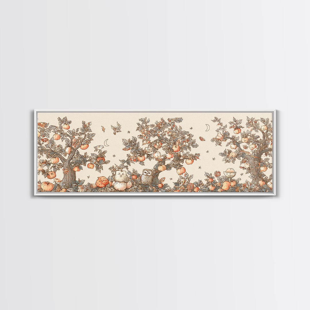 The Sleepy Owl Orchard, Hand Sketch Halloween Art, Extra Wide Wall Art, Canvas Print, Cute Halloween Wall Art