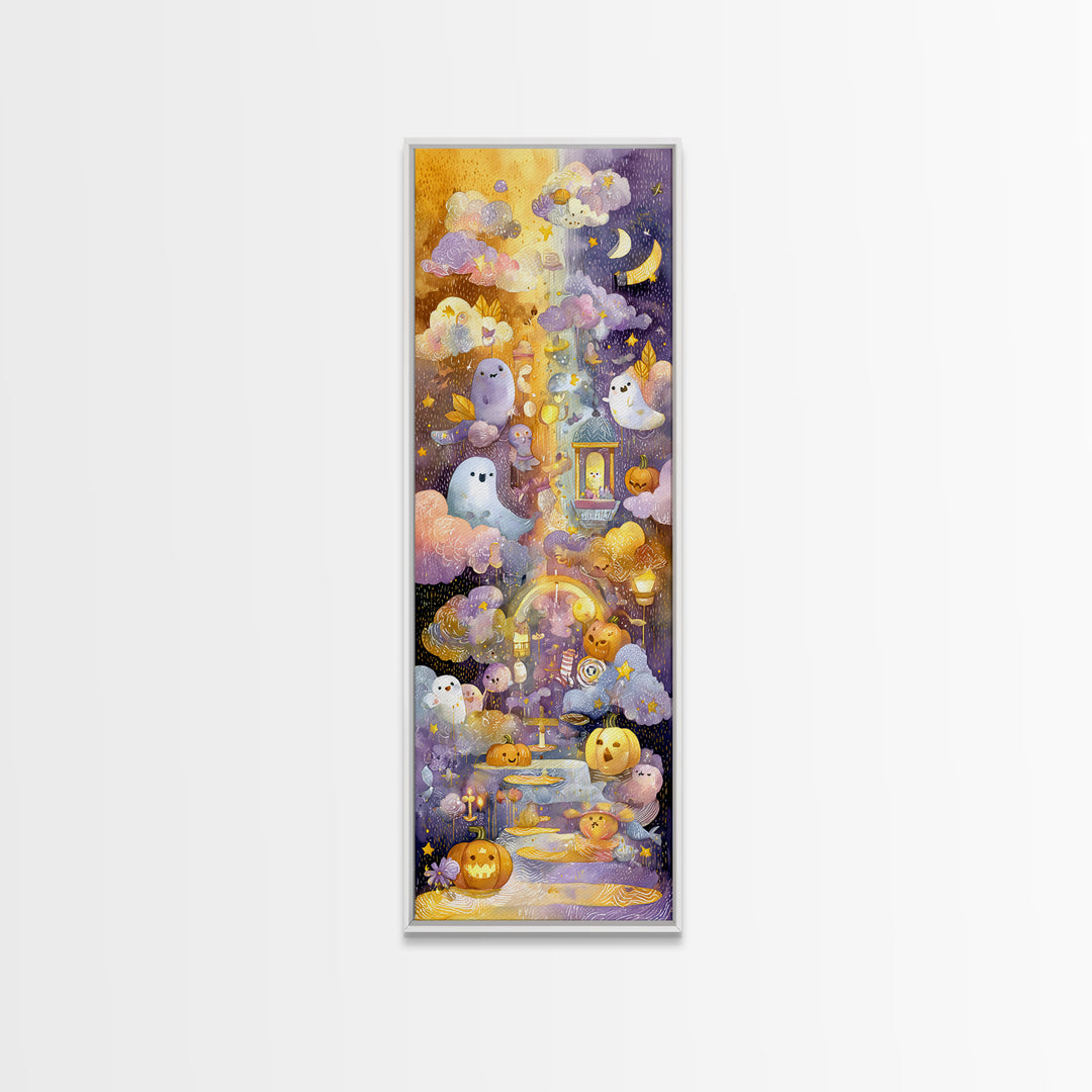 The Rainbow After The Halloween Rain, Watercolor Halloween Art, Tall Narrow Wall Art, Framed Canvas Print, Cute Halloween Wall Art