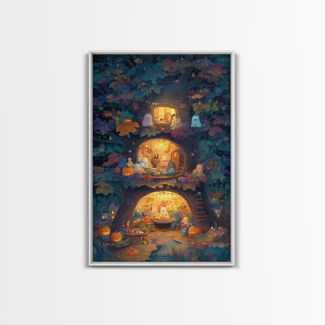 The Cozy Hollow Tree, Gouache Halloween Art, Vertical Wall Art, Canvas Print, Cute Halloween Wall Art