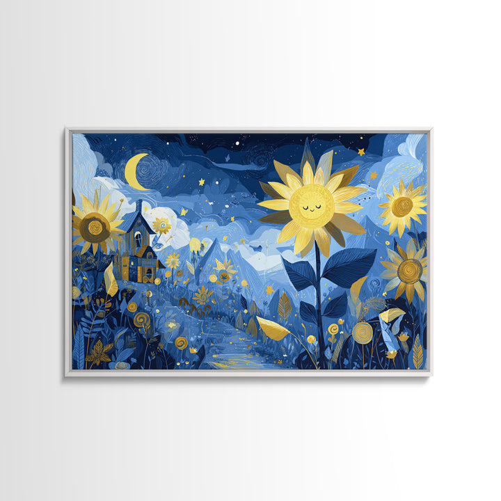 The Singing Sunflowers At Midnight, Crayon Halloween Art, Landscape Wall Art, Framed Canvas Print, Cute Halloween Wall Art