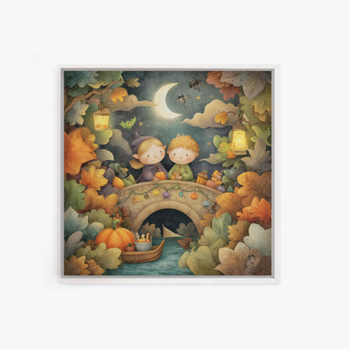 The Autumn Fairy Bridge, Pastel Halloween Art, Square Wall Art, Canvas Print, Cute Halloween Wall Art