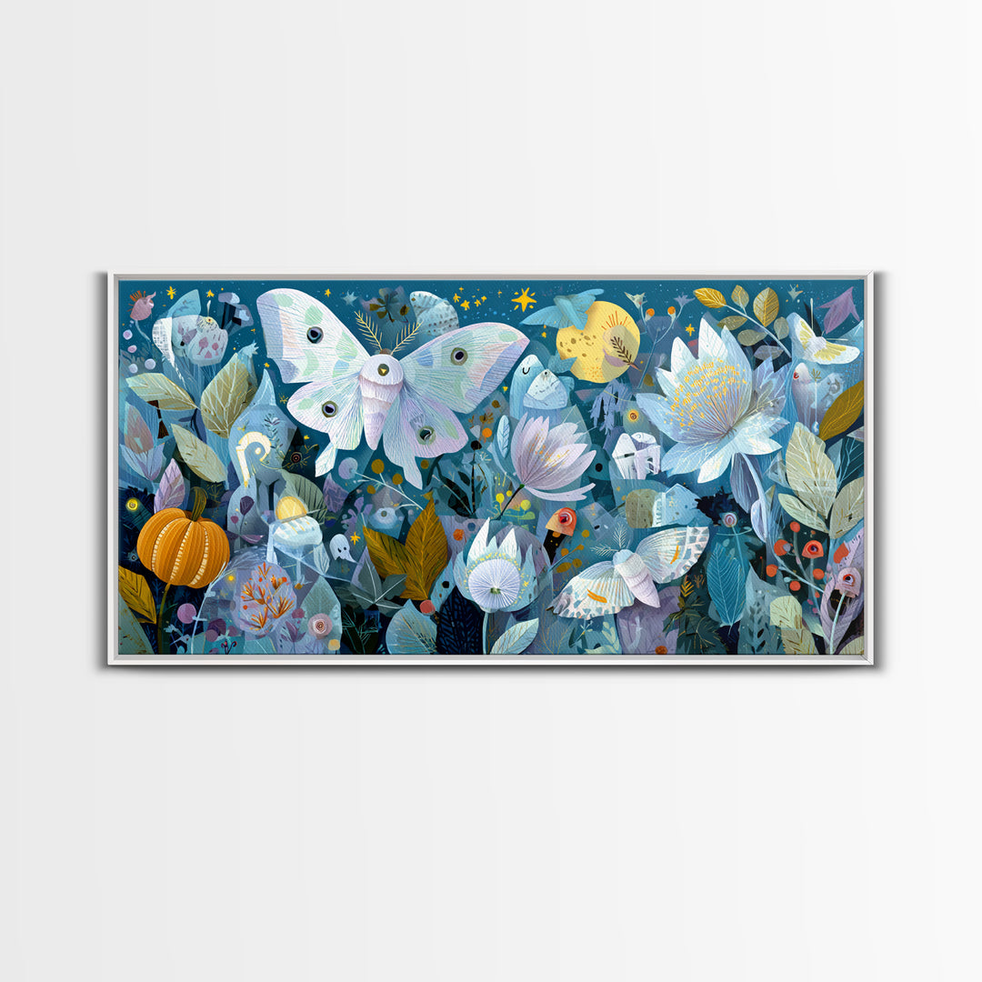 The Moon-Moth Garden, Paper Collage Halloween, Wide Panoramic Art, Framed Canvas Print, Cute Halloween Wall Art
