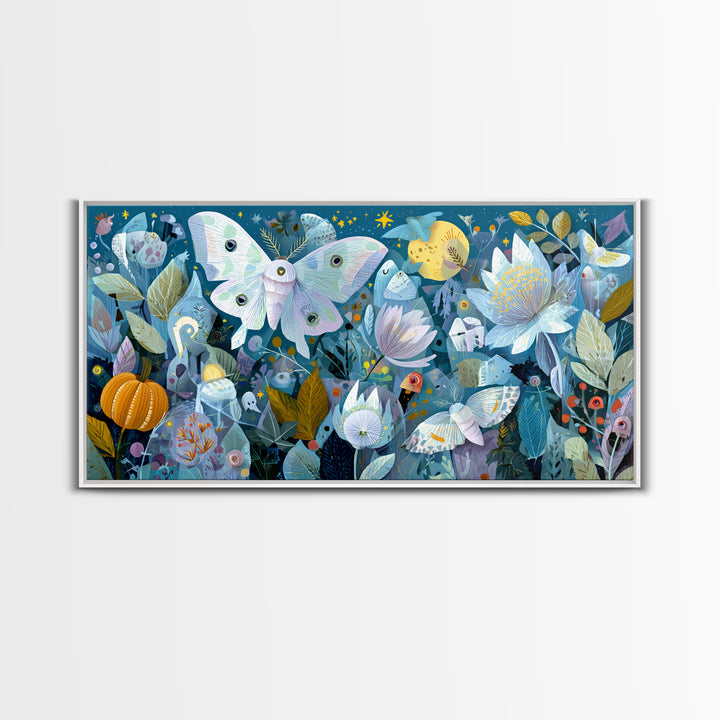 The Moon-Moth Garden, Paper Collage Halloween, Wide Panoramic Art, Framed Canvas Print, Cute Halloween Wall Art