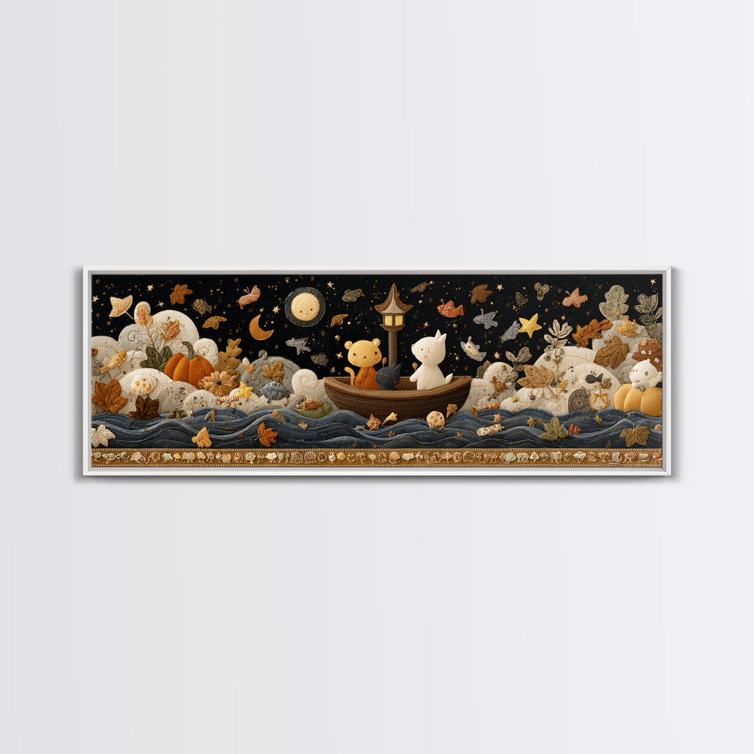 The Golden Leaf River, Felt Halloween Art, Extra Wide Wall Art, Canvas Print, Cute Halloween Wall Art