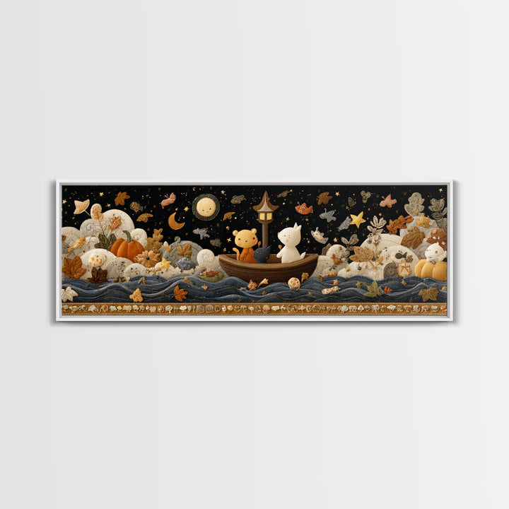 The Golden Leaf River, Felt Halloween Art, Extra Wide Wall Art, Canvas Print, Cute Halloween Wall Art