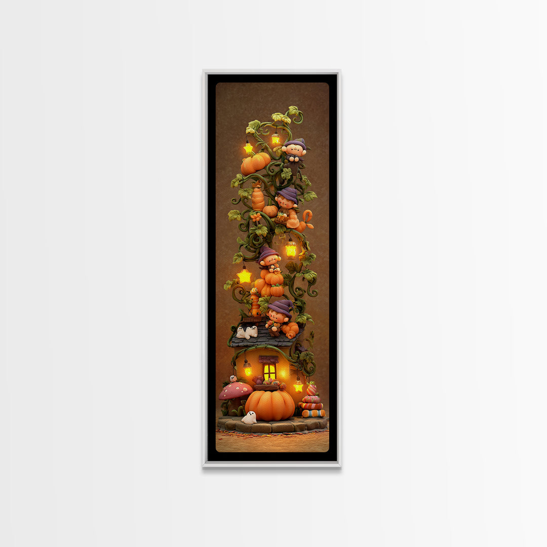 The Pumpkin Vine Swing, Clay Halloween Art, Tall Narrow Wall Art, Framed Canvas Print, Cute Halloween Wall Art