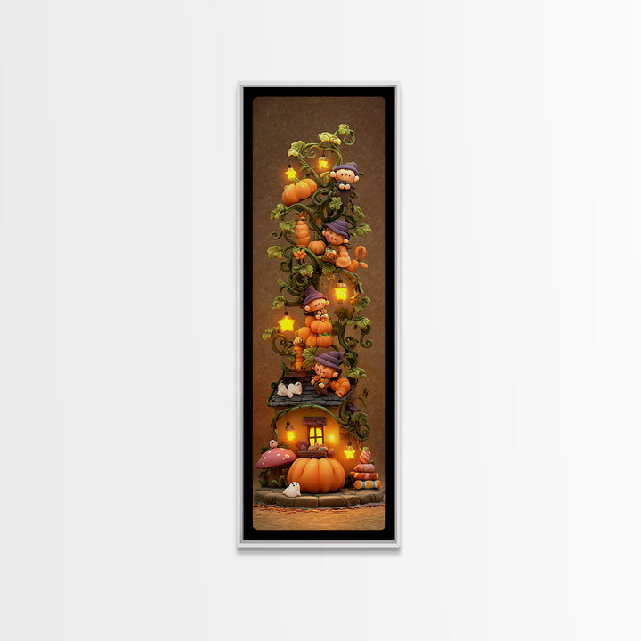 The Pumpkin Vine Swing, Clay Halloween Art, Tall Narrow Wall Art, Framed Canvas Print, Cute Halloween Wall Art