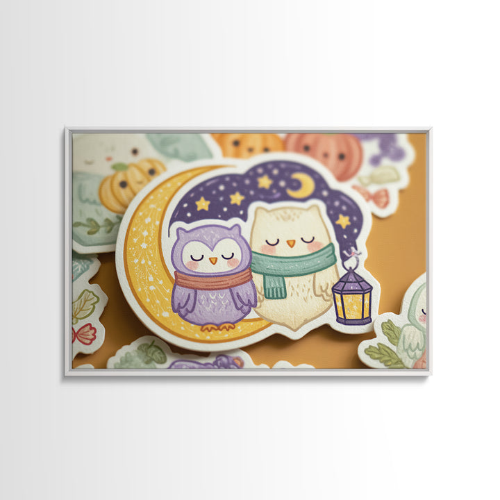 The Owl And The Crescent Moon, Kawaii Halloween Art, Landscape Wall Art, Framed Canvas Print, Cute Halloween Wall Art