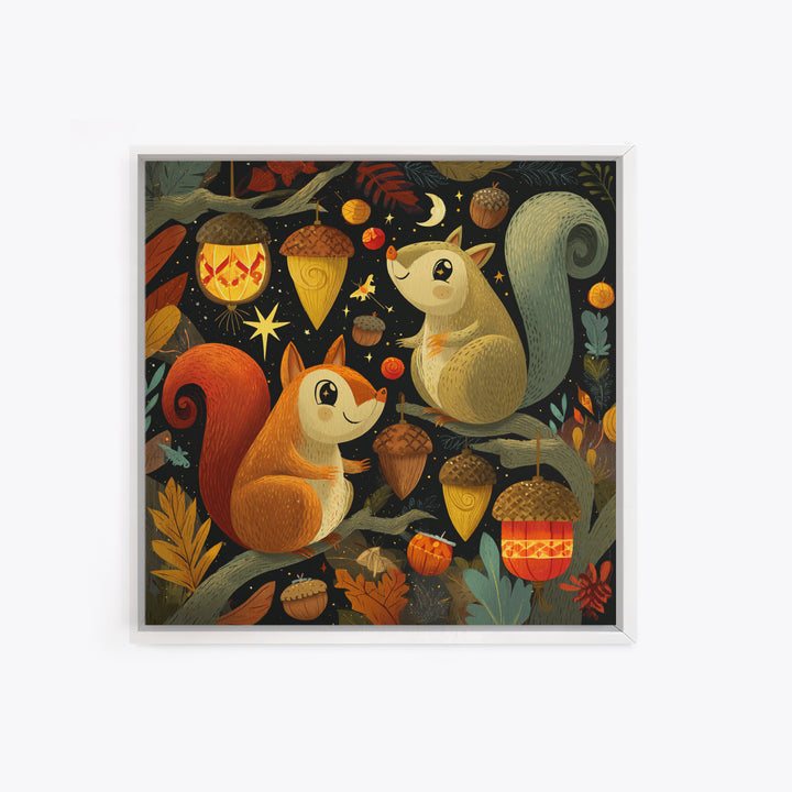 The Acorn Lantern Festival, Retro Halloween Art, Square Wall Art, Canvas Print, Cute Halloween Wall Art
