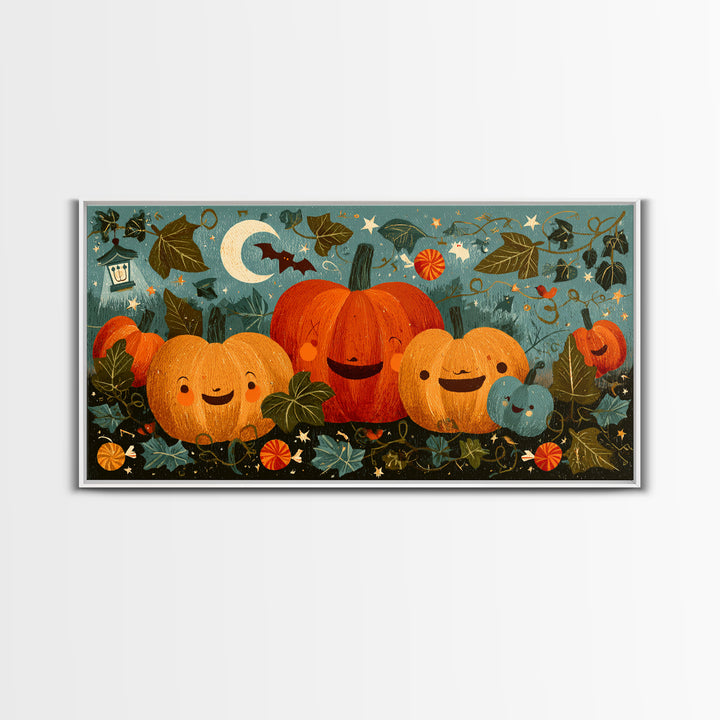 The Singing Pumpkin Patch, Screenprint Halloween Art, Wide Panoramic Art, Framed Canvas Print, Cute Halloween Wall Art