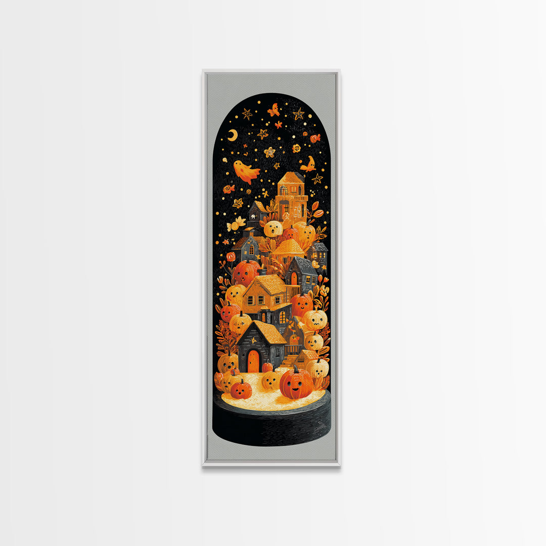 Halloween Inside A Snow Globe, Linocut Halloween Art, Tall Narrow Wall Art, Framed Canvas Print, Cute Halloween Wall Art