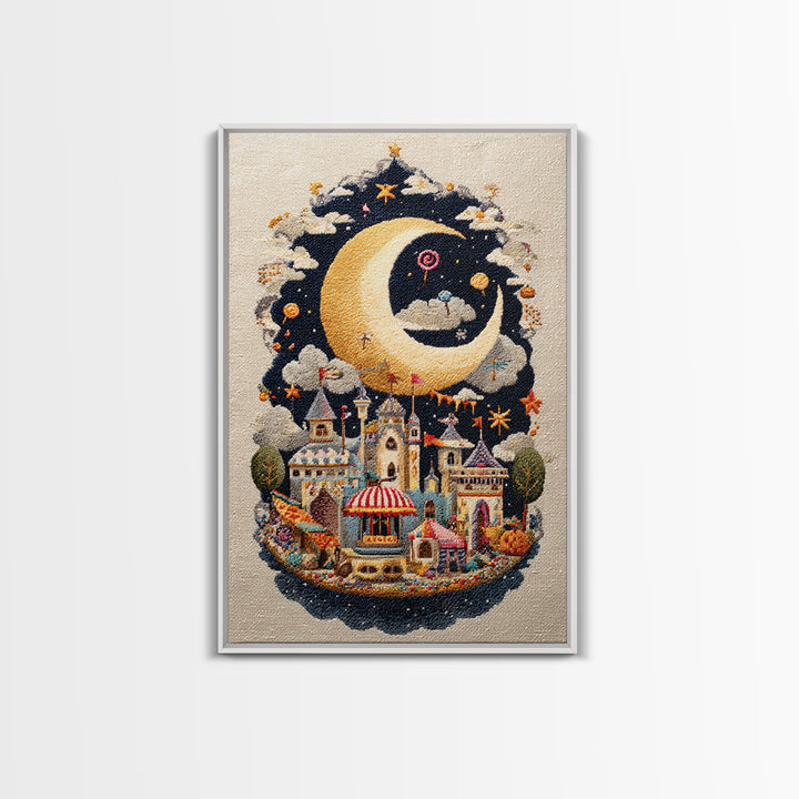 The Tiny Moon Carnival, Embroidered Halloween Art, Vertical Wall Art, Canvas Print, Cute Halloween Wall Art