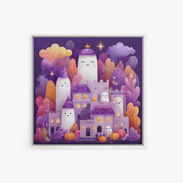 The Halloween Cloud Castle, Stained Glass Halloween, Square Wall Art, Canvas Print, Cute Halloween Wall Art