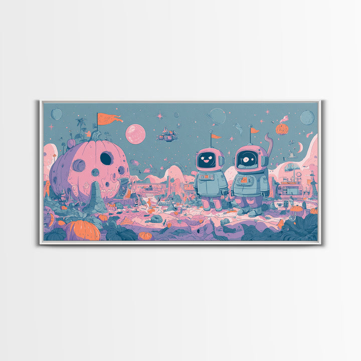 The Pumpkin Moon Expedition, Vaporwave Halloween Art, Wide Panoramic Art, Framed Canvas Print, Cute Halloween Wall Art