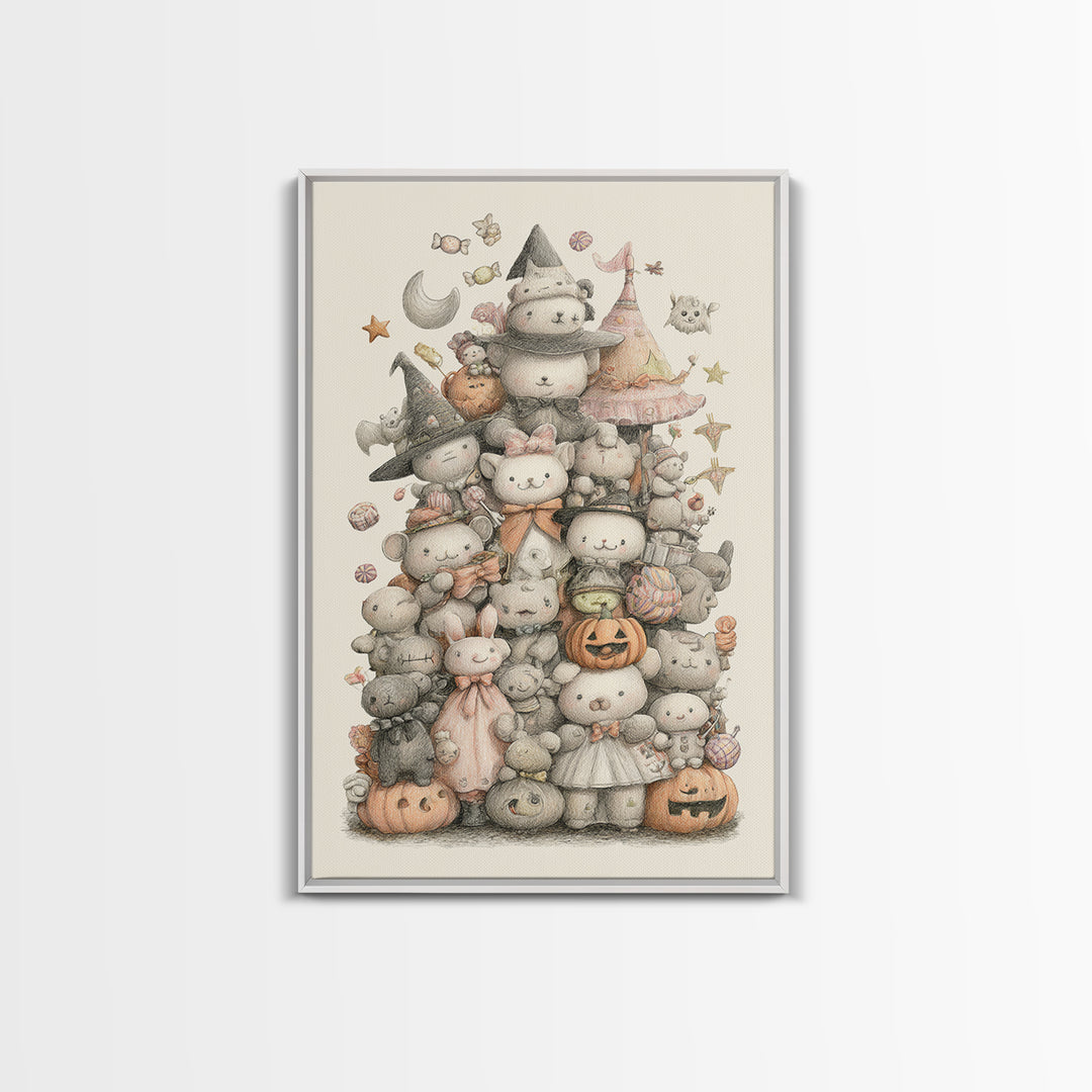 The Halloween Toy Kingdom, Hand Sketch Halloween Art, Vertical Wall Art, Canvas Print, Cute Halloween Wall Art