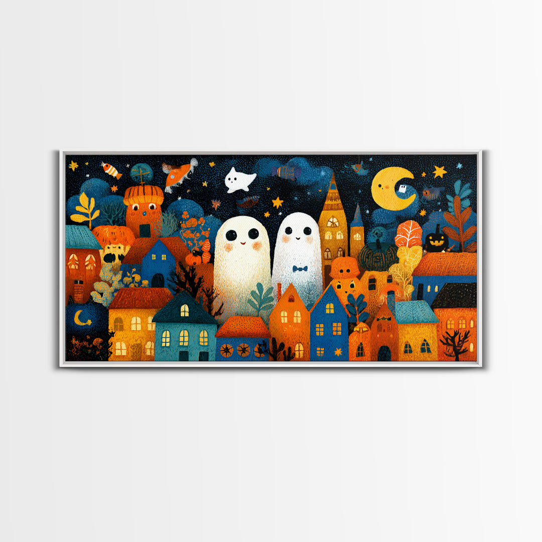 The Rainbow Halloween Night, Crayon Halloween Art, Wide Panoramic Art, Framed Canvas Print, Cute Halloween Wall Art