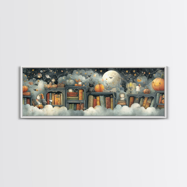 The Enchanted Halloween Library, Pastel Halloween Art, Extra Wide Wall Art, Canvas Print, Cute Halloween Wall Art