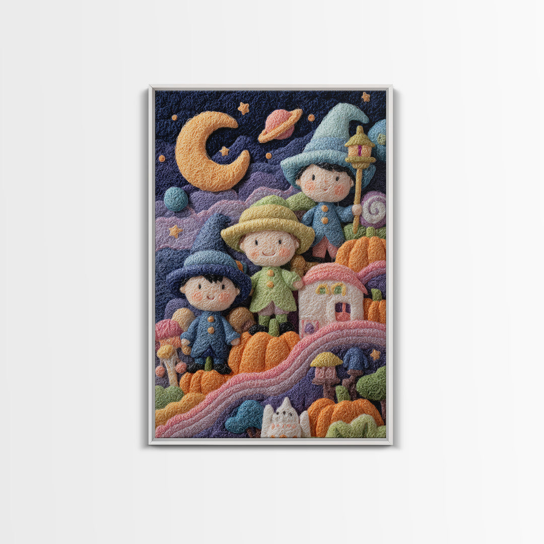 The Parade Across The Stars, Felt Halloween Art, Vertical Wall Art, Canvas Print, Cute Halloween Wall Art