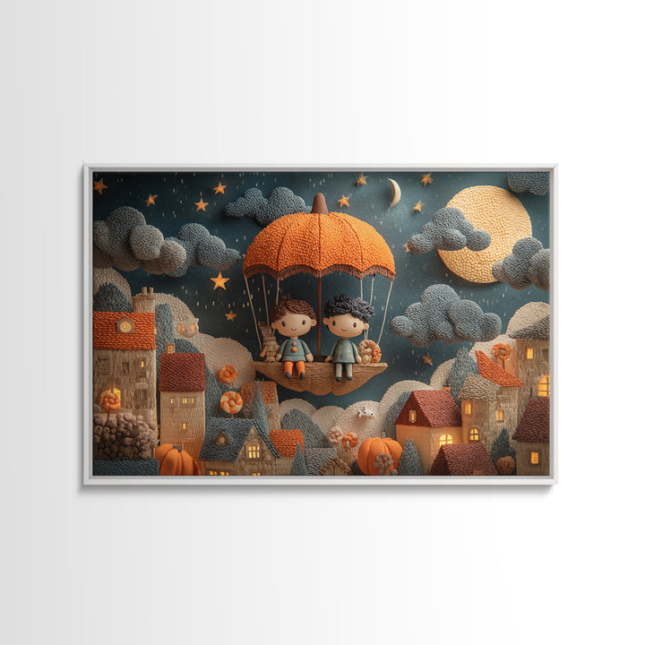 The Enchanted Umbrella Adventure, Clay Halloween Art, Landscape Wall Art, Framed Canvas Print, Cute Halloween Wall Art