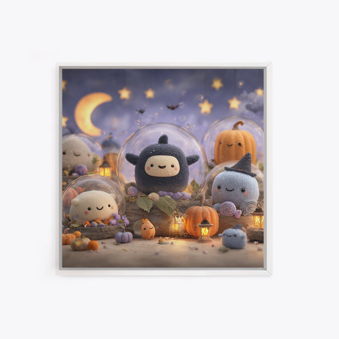 The Halloween Bubble Village, Plush Halloween Art, Square Wall Art, Canvas Print, Cute Halloween Wall Art