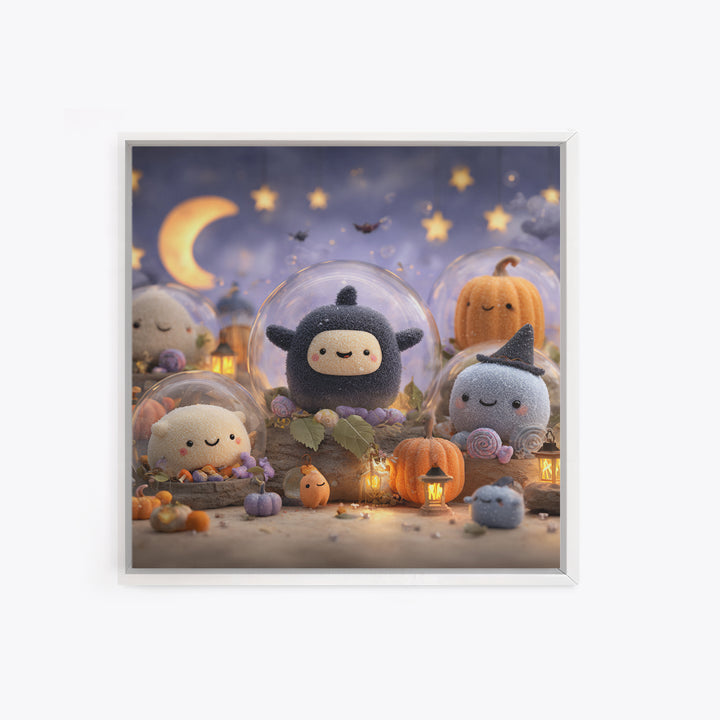 The Halloween Bubble Village, Plush Halloween Art, Square Wall Art, Canvas Print, Cute Halloween Wall Art
