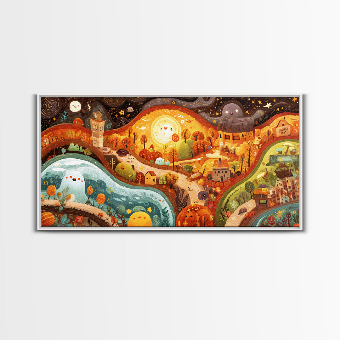 The World Inside A Lantern, Kawaii Halloween Art, Wide Panoramic Art, Framed Canvas Print, Cute Halloween Wall Art