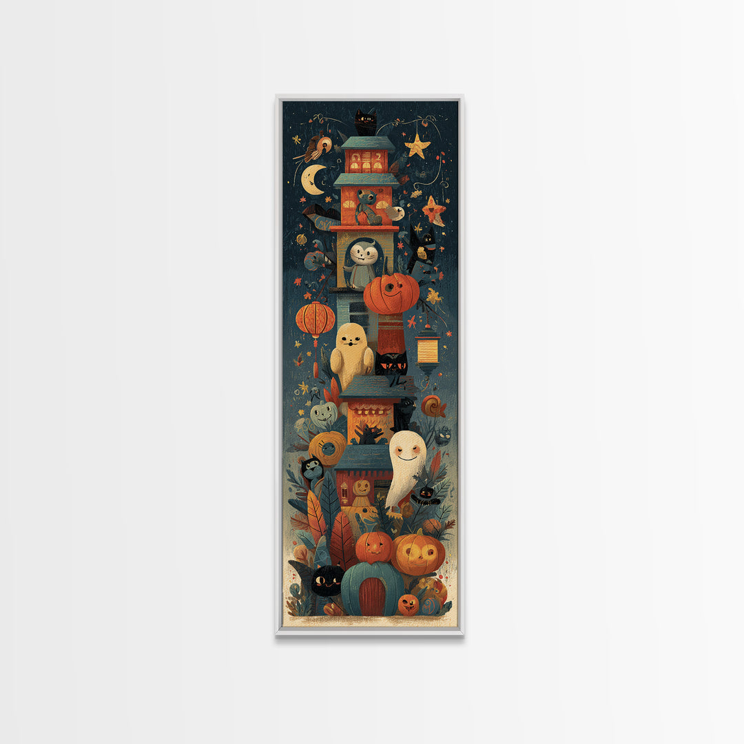 The Festival Of Friendly Frights, Screenprint Halloween Art, Tall Narrow Wall Art, Framed Canvas Print, Cute Halloween Wall Art